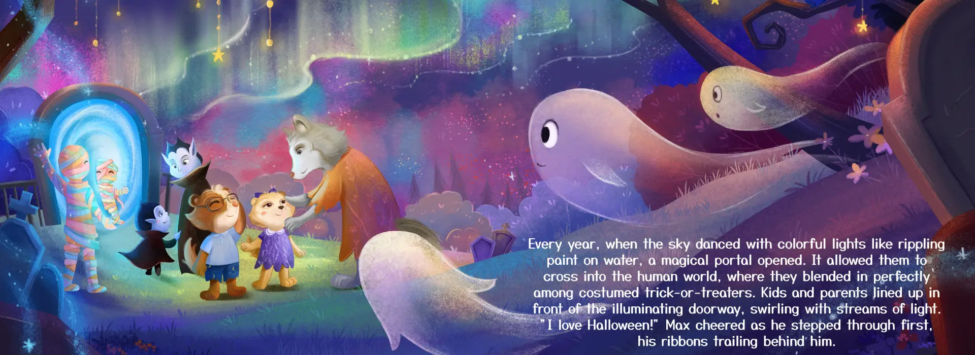 Animated scene with characters and a magical door in a colorful, fantasy setting.
