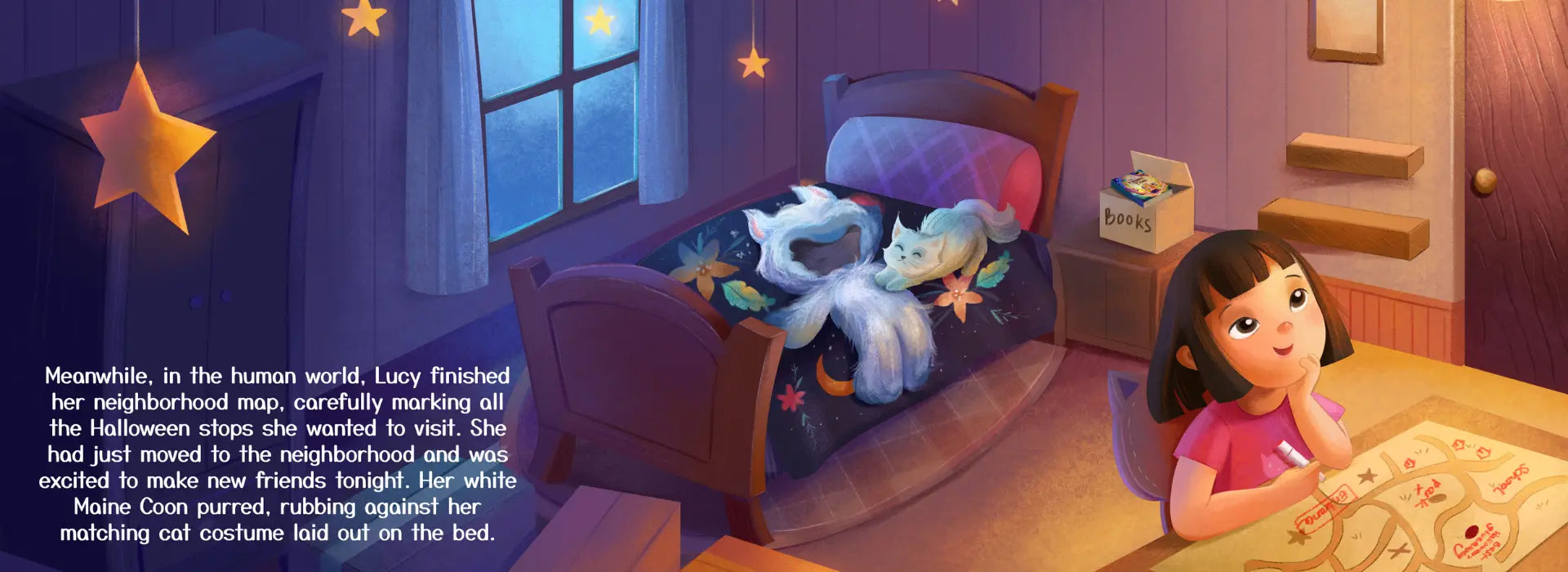 Illustration of a child in bed with a stuffed animal, looking out a window at night.