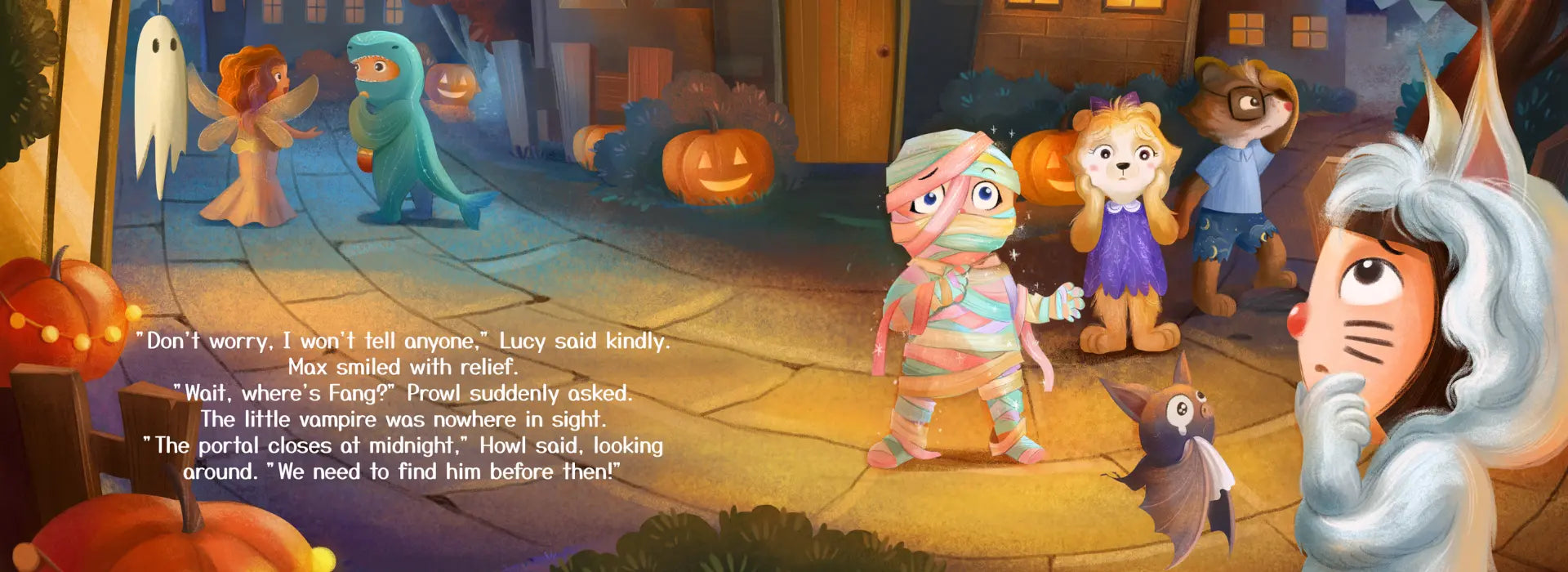Children's Halloween-themed illustration with animated characters in a village setting.
