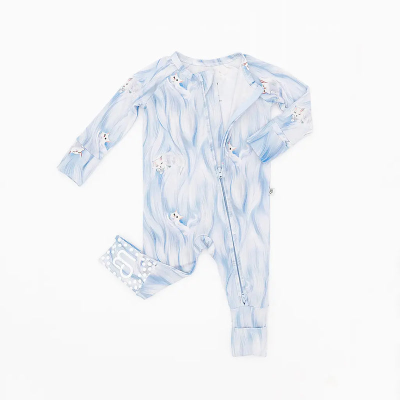 Baby onesie with blue and white pattern on a white background