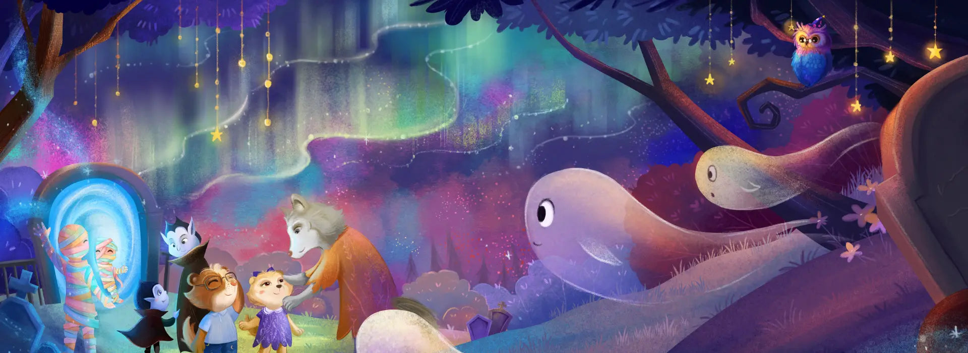Colorful illustration of a fantasy scene with characters and creatures in a magical forest.