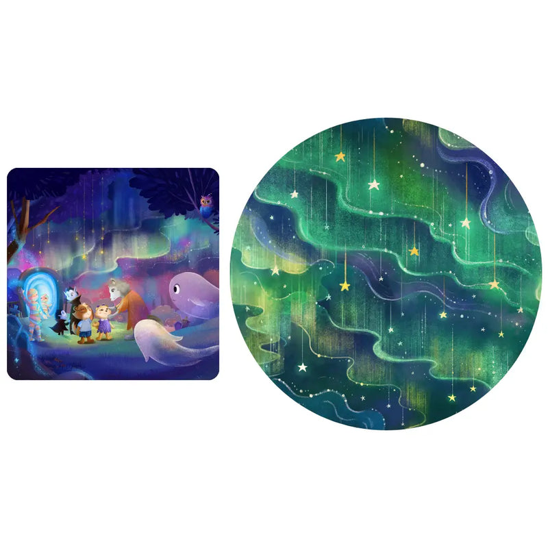 Two illustrations side by side; one depicts a fantasy scene with characters and creatures, the other is a stylized green and blue cosmic design.