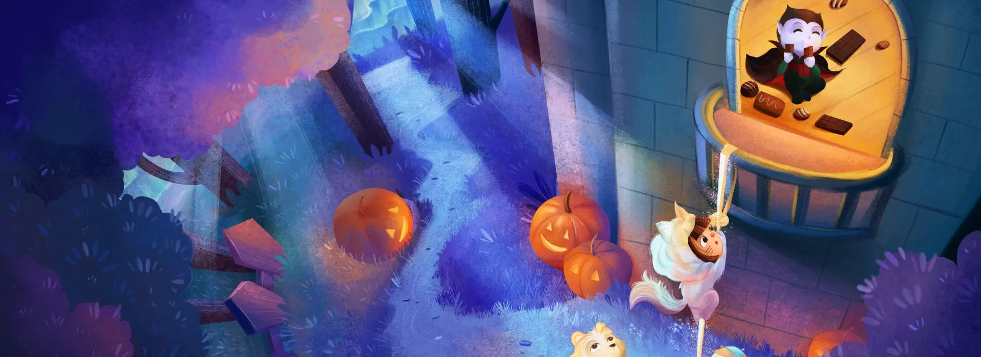Halloween-themed scene with pumpkins, ghosts, and a ghostly figure in a room.