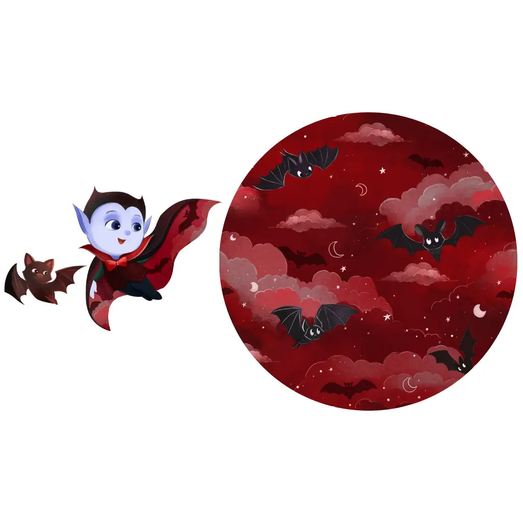 Cartoon vampire character and bats with a red moonlit sky background