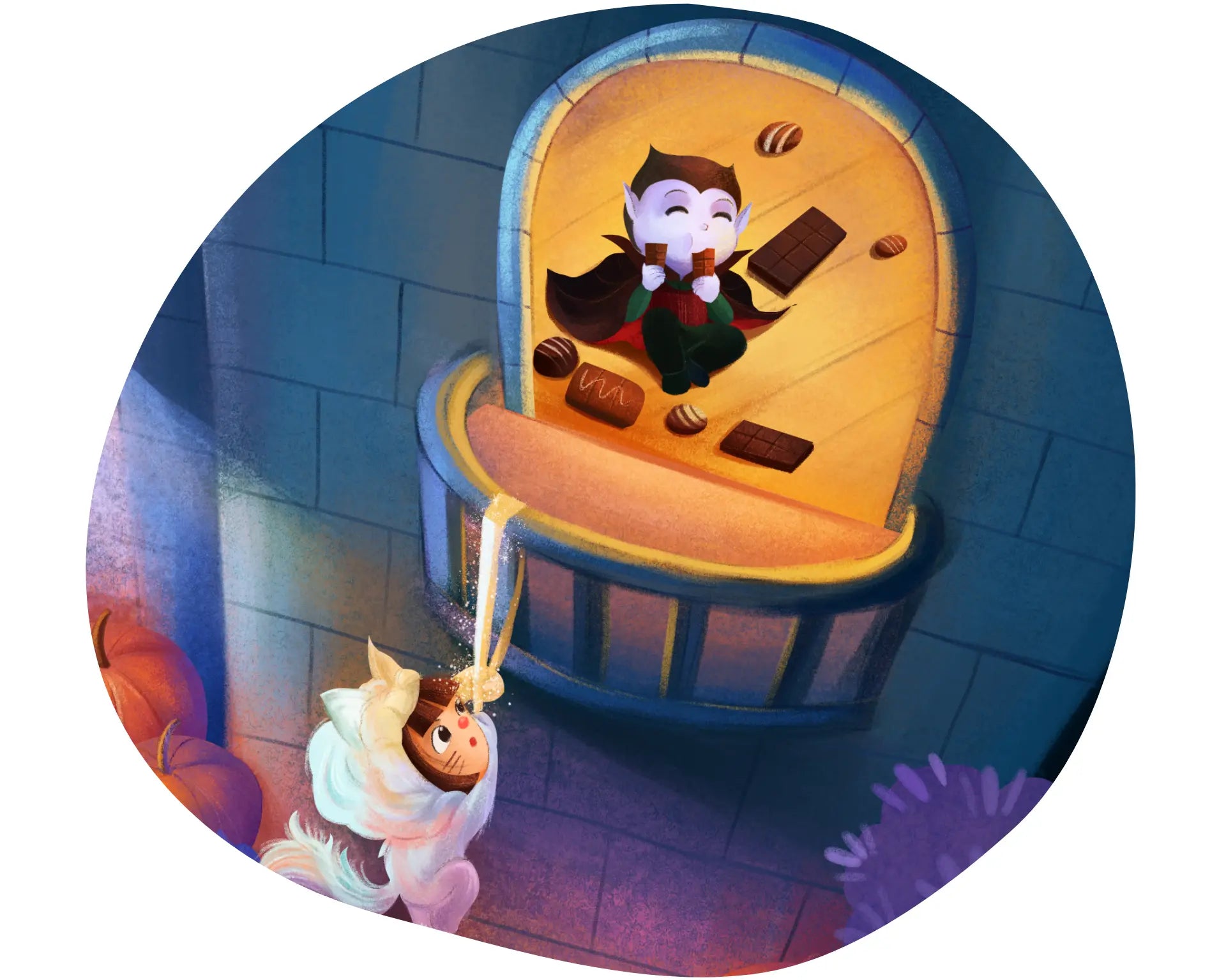 Illustration of a vampire and a cat looking up, set against a blue brick wall.