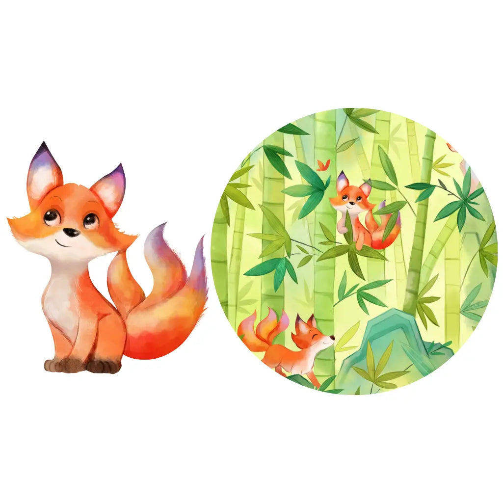 Cartoon fox character with a patterned paper design featuring a fox in a forest.