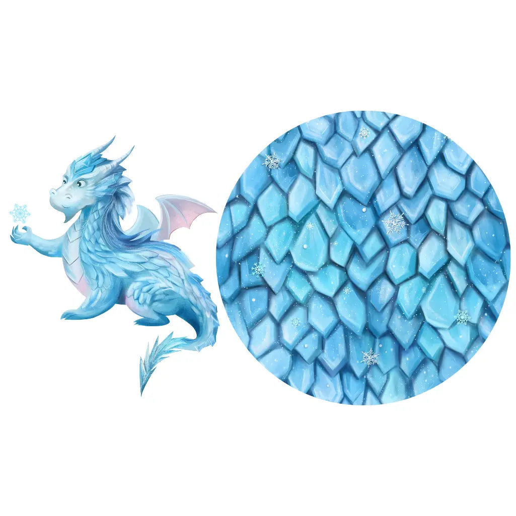 Blue dragon illustration with close-up of blue scales on a white background