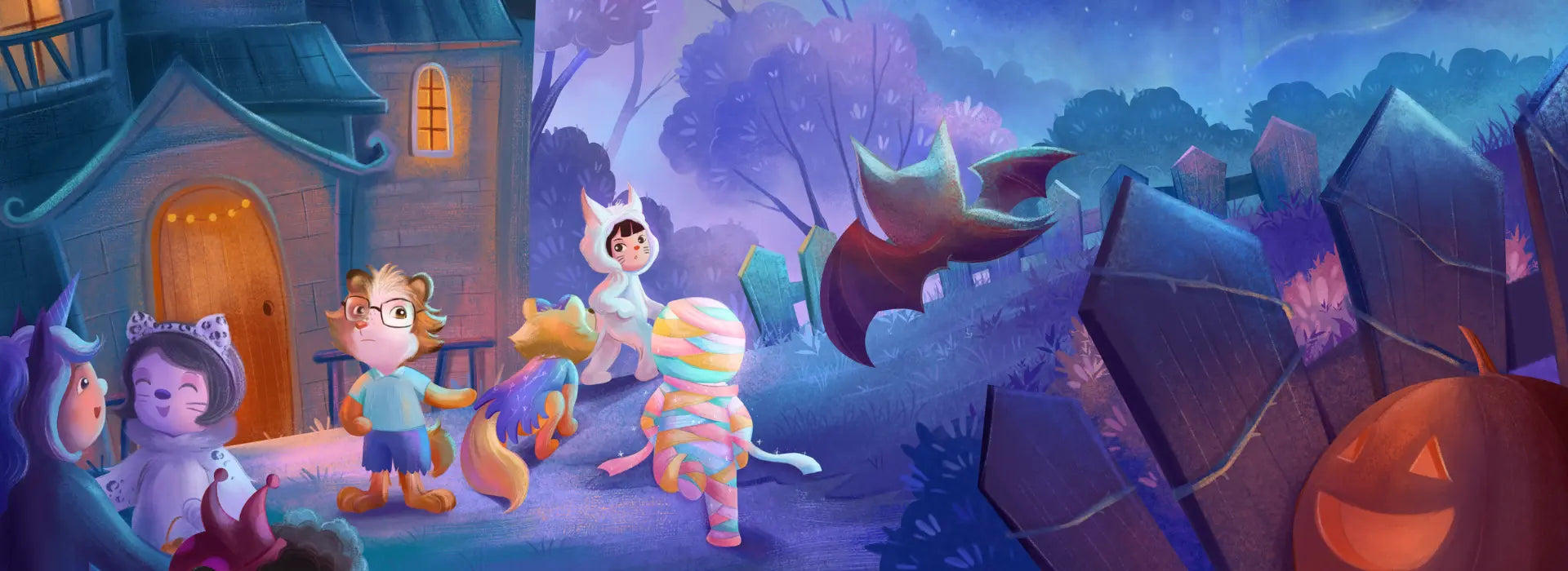 Cartoon characters in Halloween costumes near a house and pumpkin.