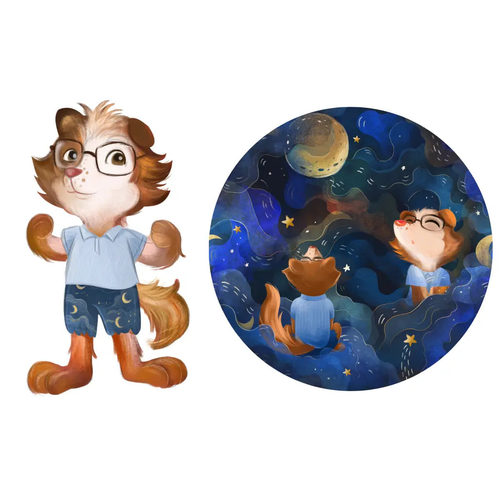 Illustration of a cartoon character with glasses and a blue shirt, standing next to a circular design of the same character under a starry sky.