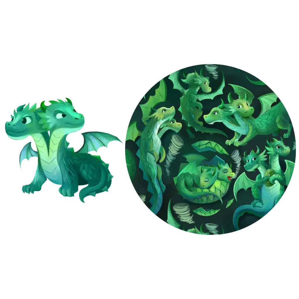 Hydra print showing a green cartoon dragon and a circular pattern of multiple green dragons among leaves on a white background