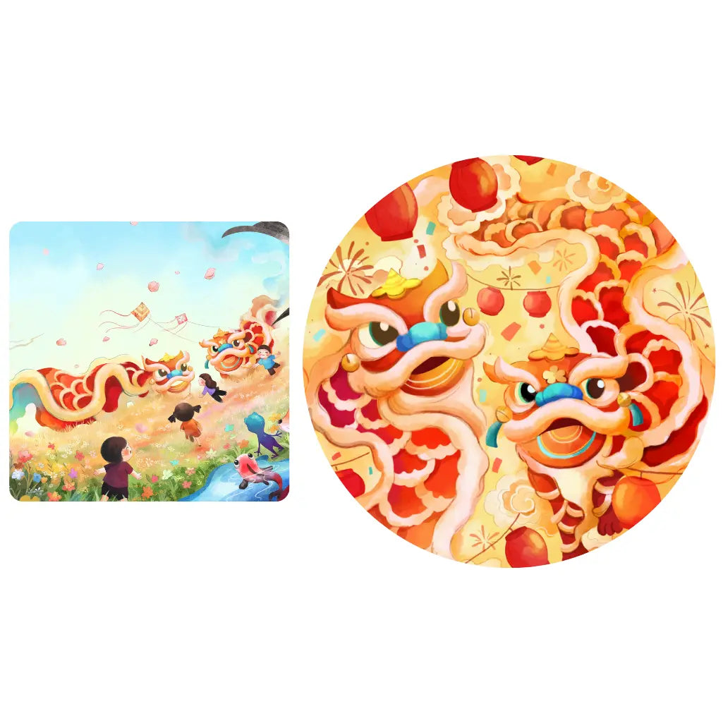A festival scene of lion dancers beside a round swatch of a red and gold lion dance print with lanterns.