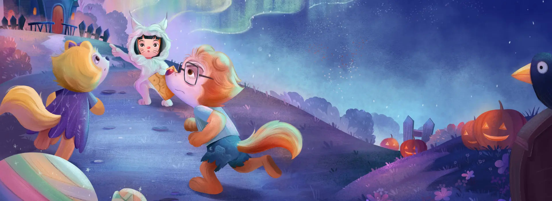 Cartoon characters in a Halloween-themed landscape with pumpkins and ghosts.