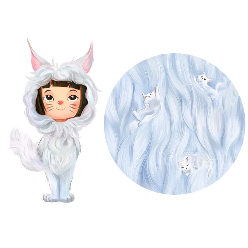 Illustration of a person in a white cat costume with a circular inset showing a blue marble pattern with cat illustrations.