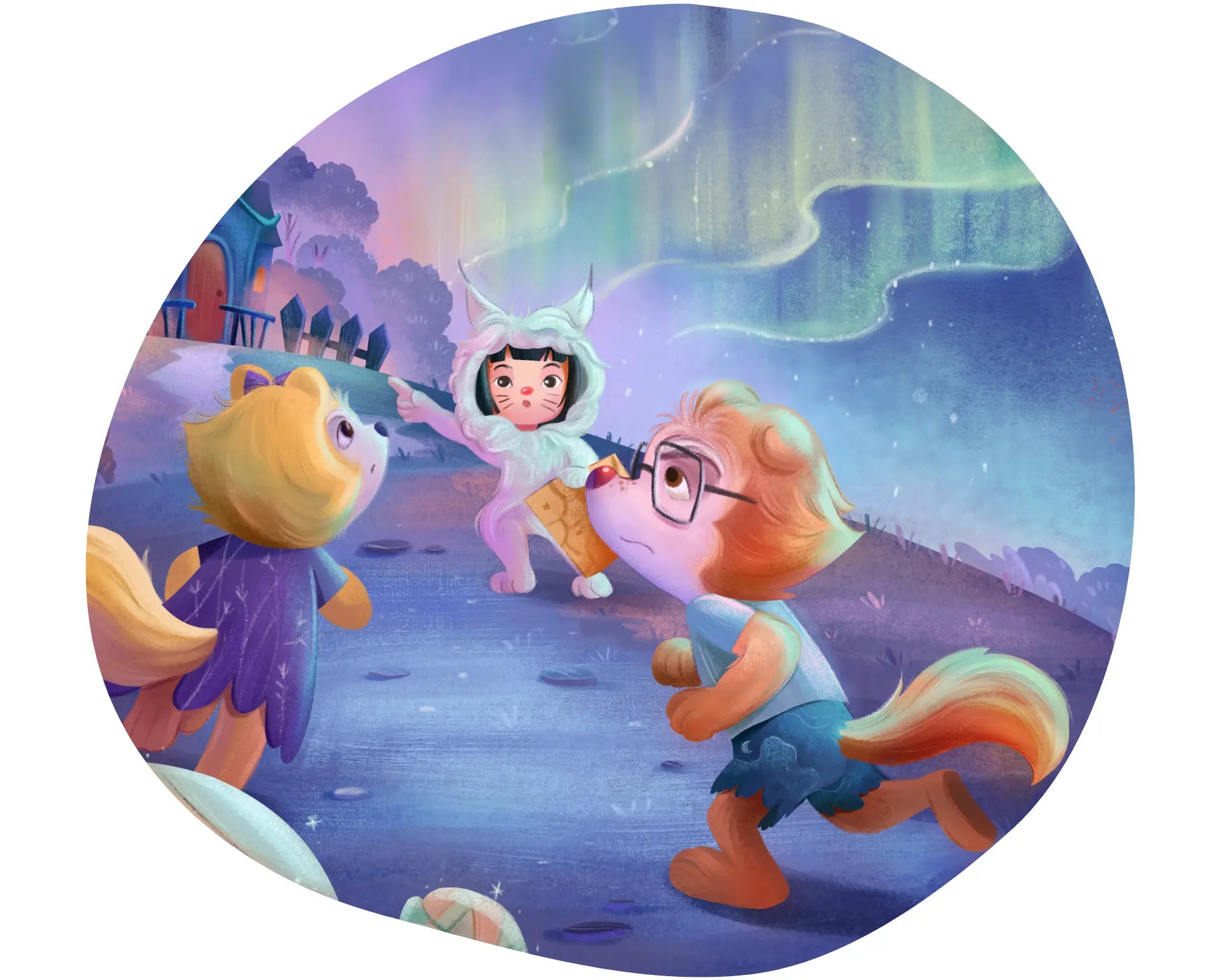Cartoon characters in a fantasy landscape with a rainbow and aurora.