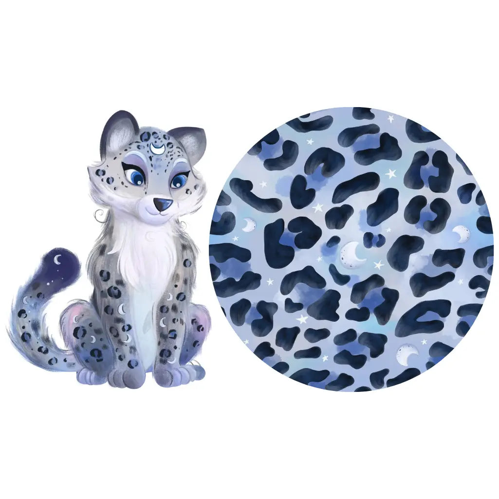 Toy snow leopard figure with a close-up of its pattern on a white background