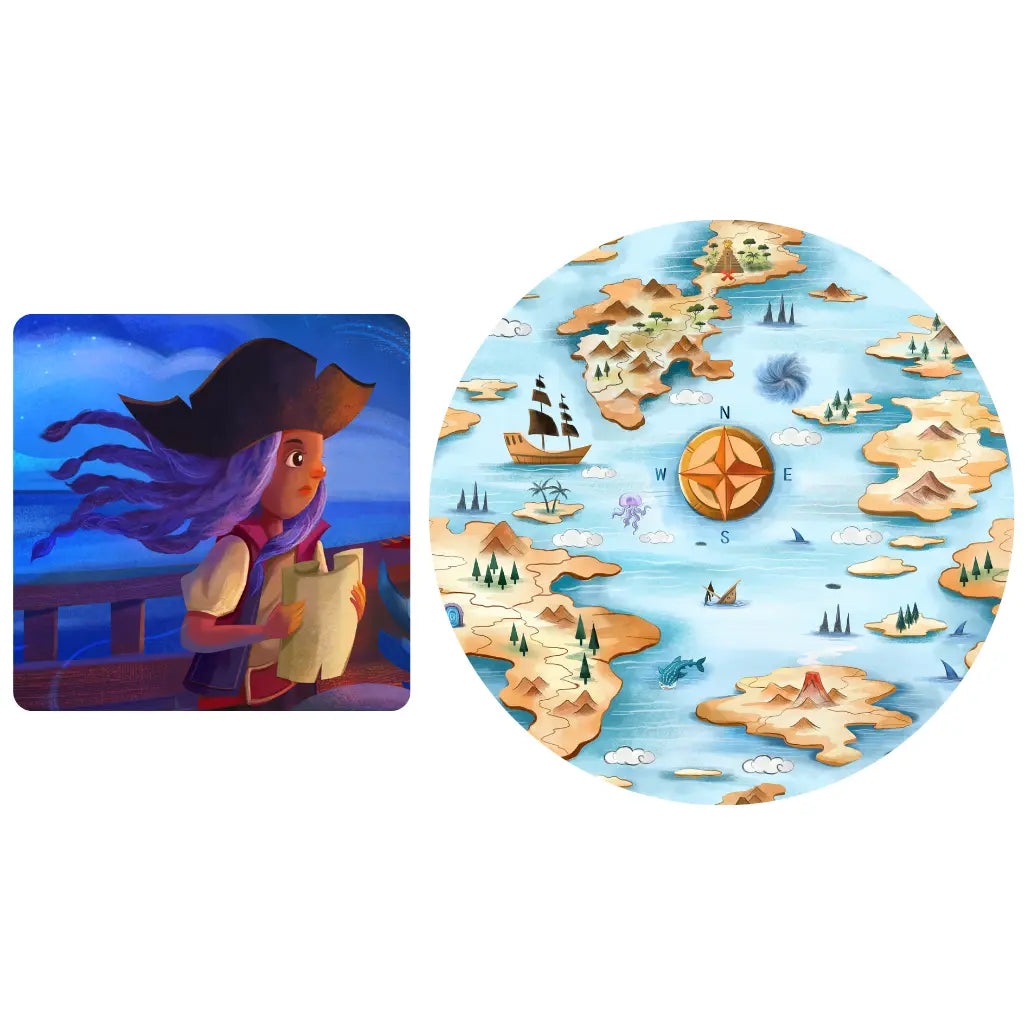 Map print showing a pirate girl holding a map on a ship and a circular detailed treasure map of islands with a compass on a white background