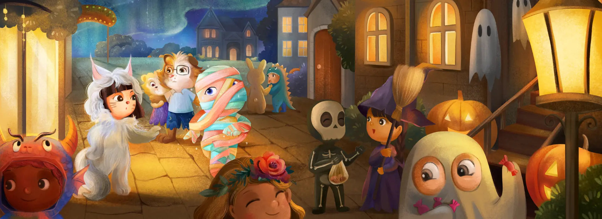 Cartoon characters in Halloween costumes on a street with pumpkins and ghosts.