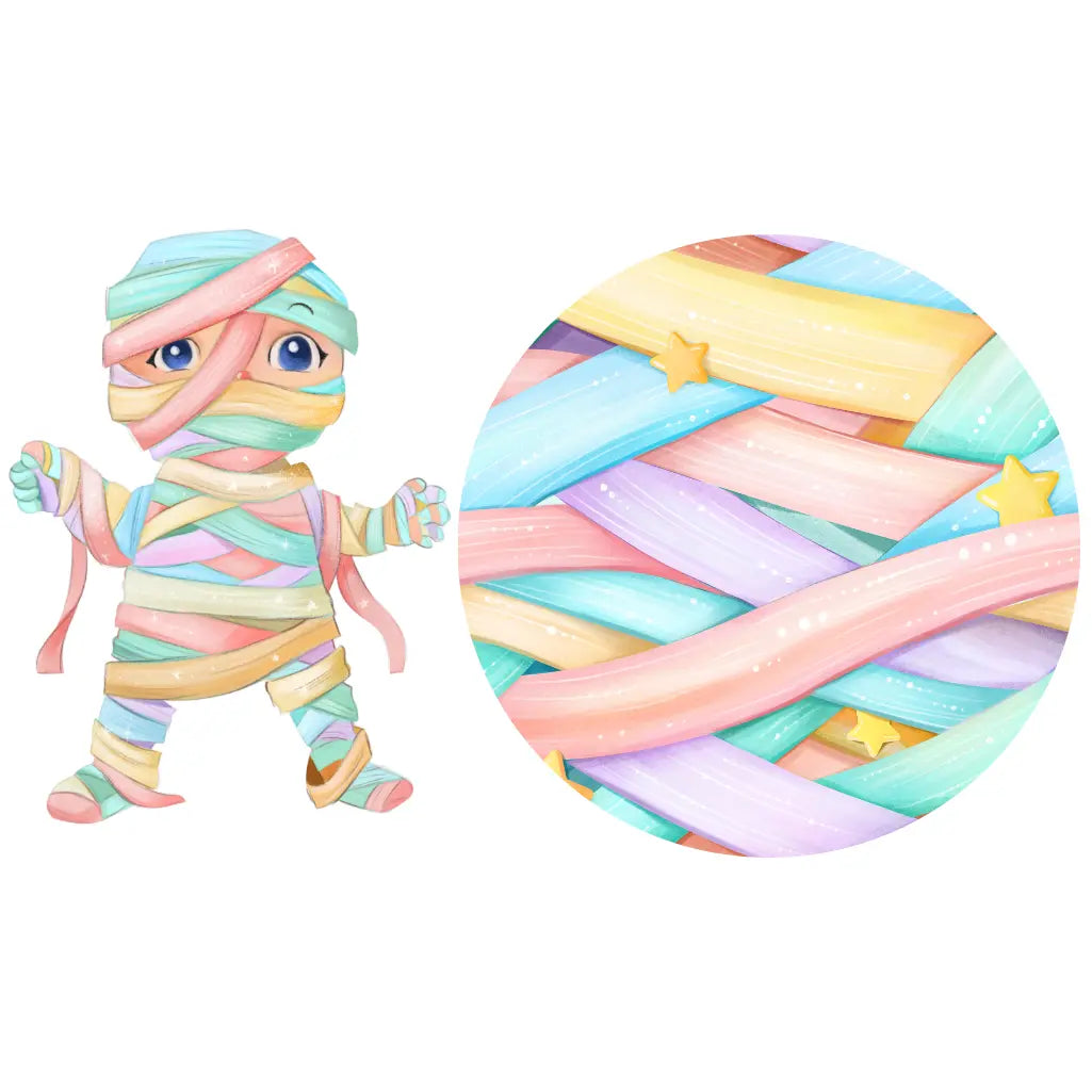 Colorful mummy toy with a close-up of yarn in pastel colors on a white background