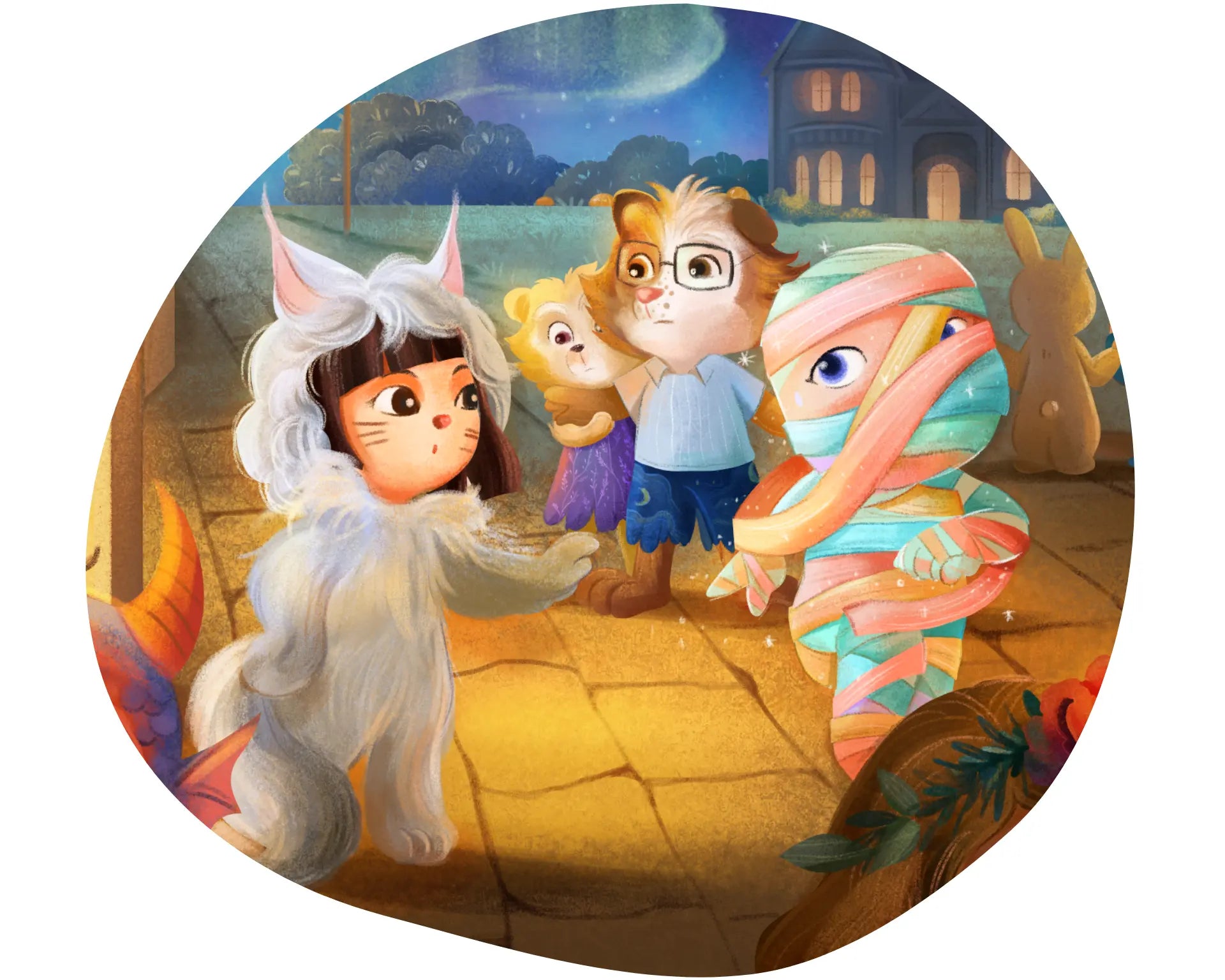 Circular image of animated characters in a fantasy setting with a house in the background.