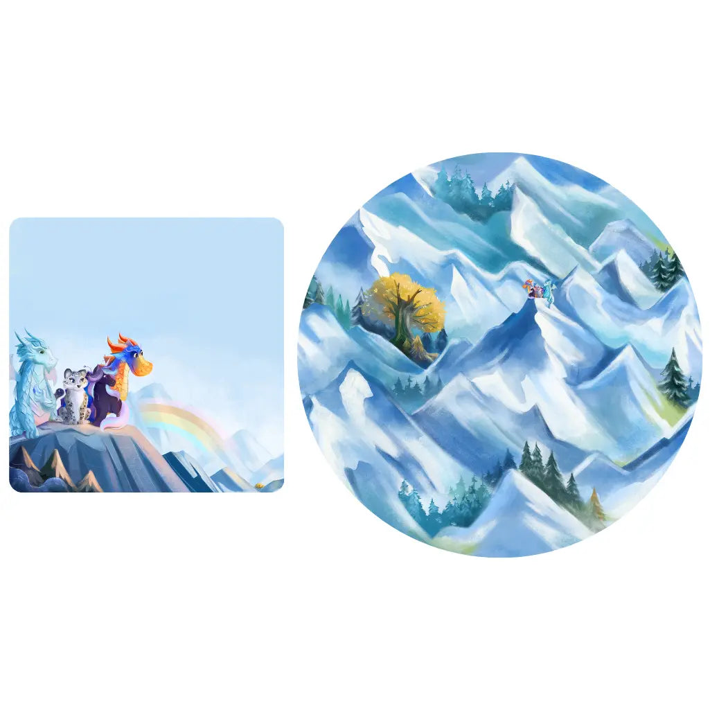 Two illustrations side by side; one with characters on a mountain and the other with a snowy mountain landscape.