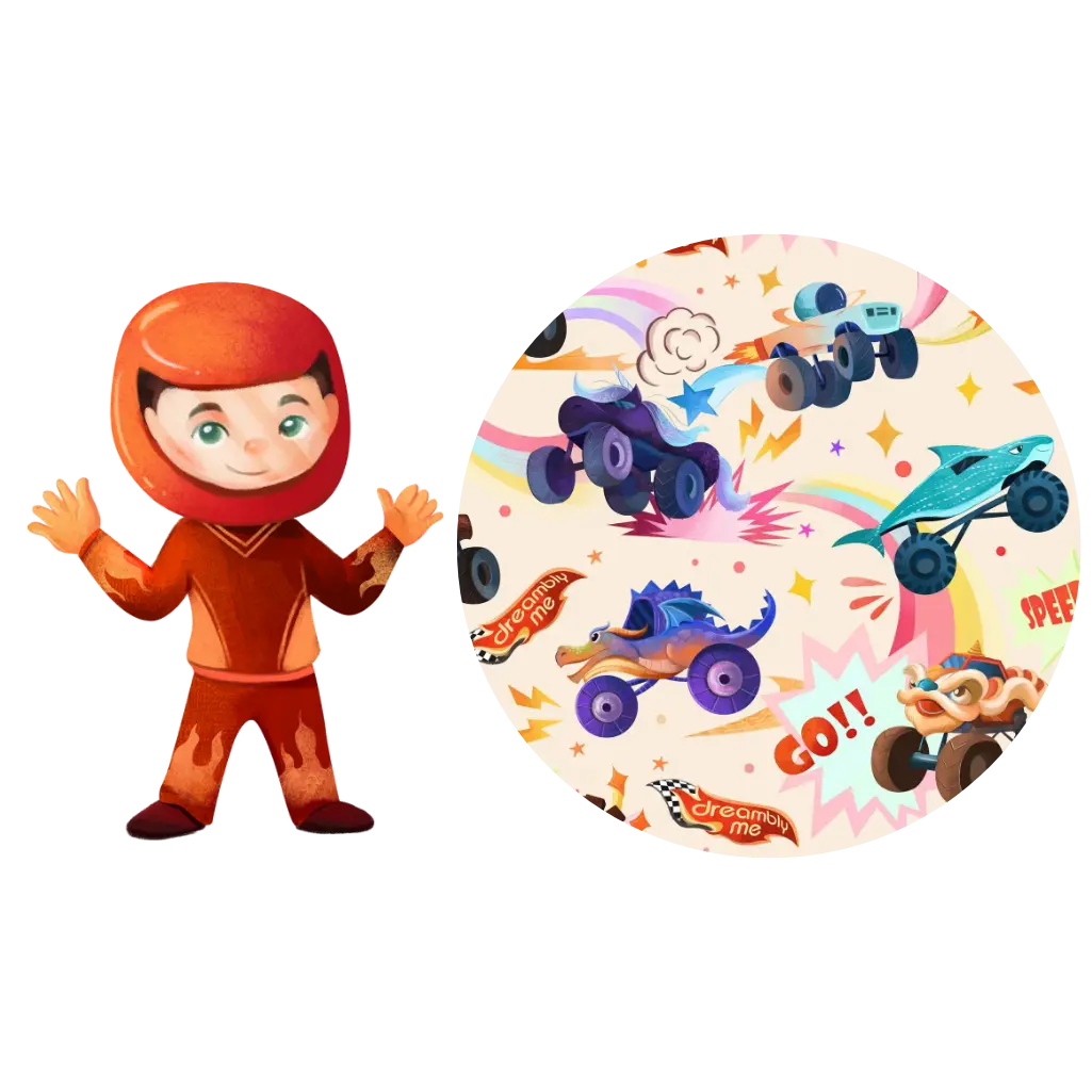 Illustration of a child in a racing helmet beside a circular swatch of a cream monster truck print with rainbows and Go and Speed lettering.
