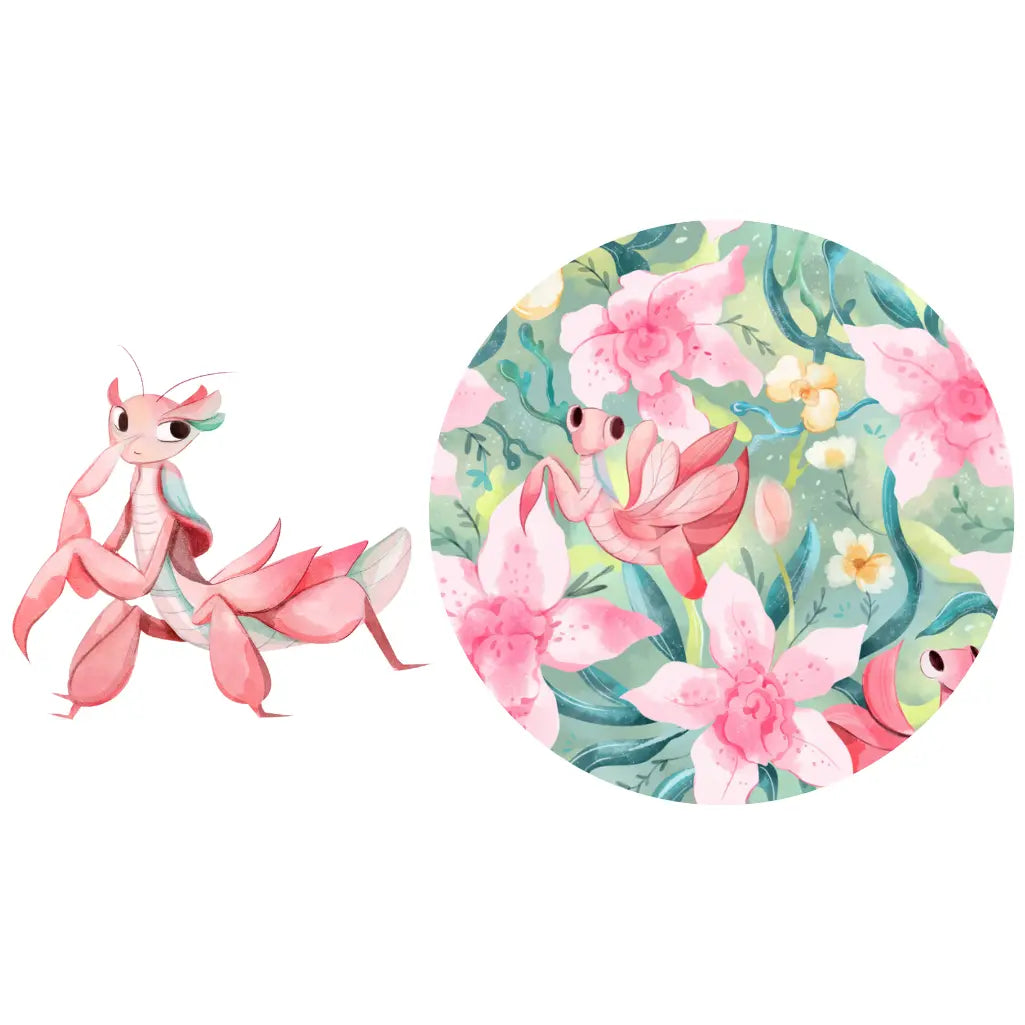 Pink praying mantis illustration next to a floral patterned plate