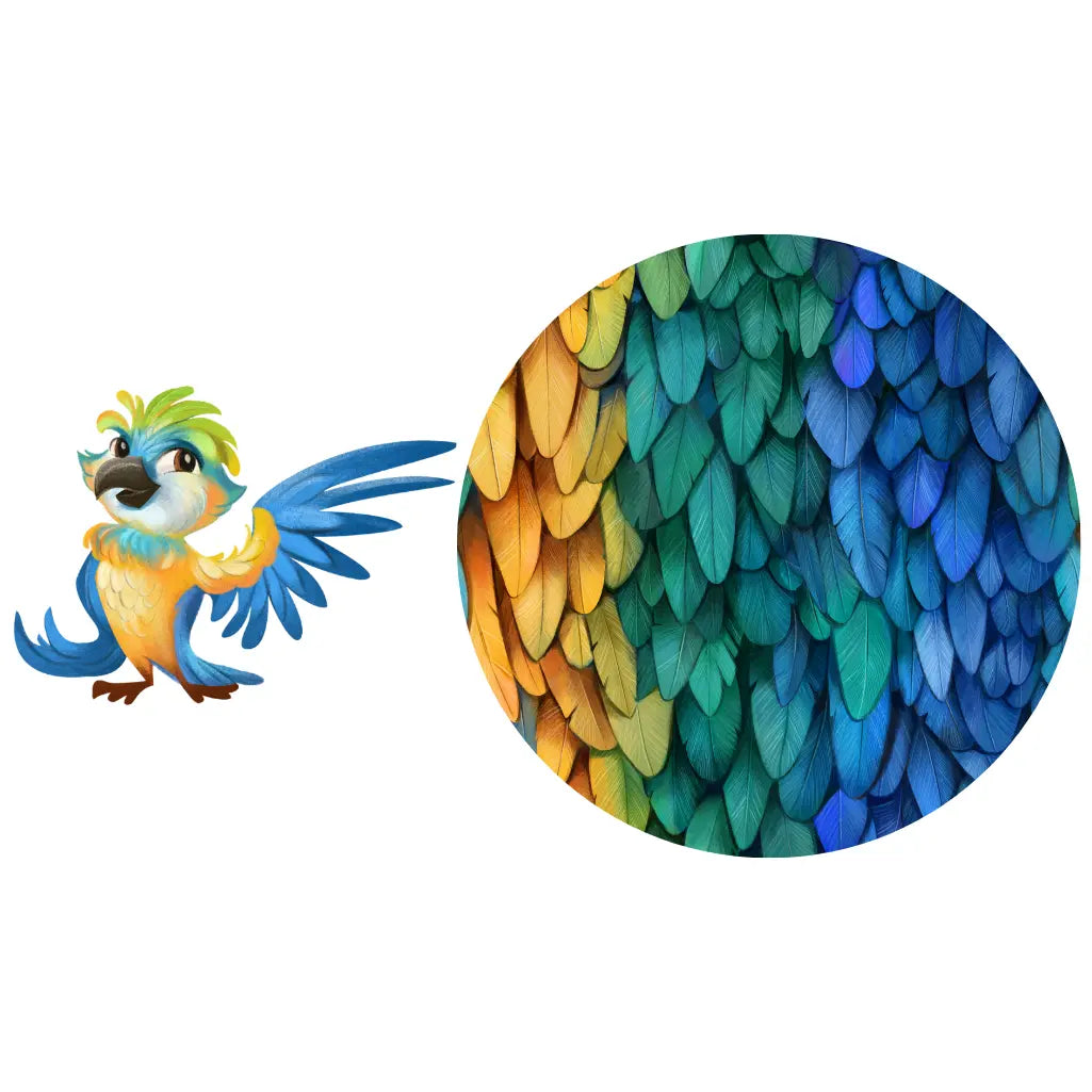 Parrot print showing a cartoon blue and yellow parrot and a circular close-up of colorful rainbow feathers on a white background