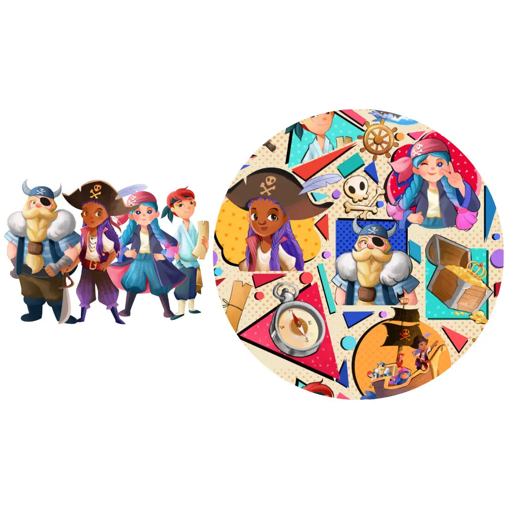 Pirate print showing a row of cartoon pirate characters and a circular collage of pirate-themed elements including a treasure chest, compass, skull, and ship's wheel on a white background