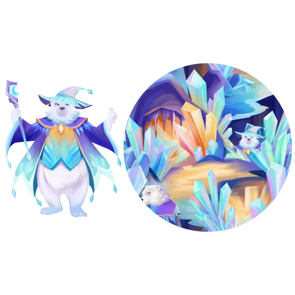 Colorful illustration of a wizard-like character with a crystal-themed background