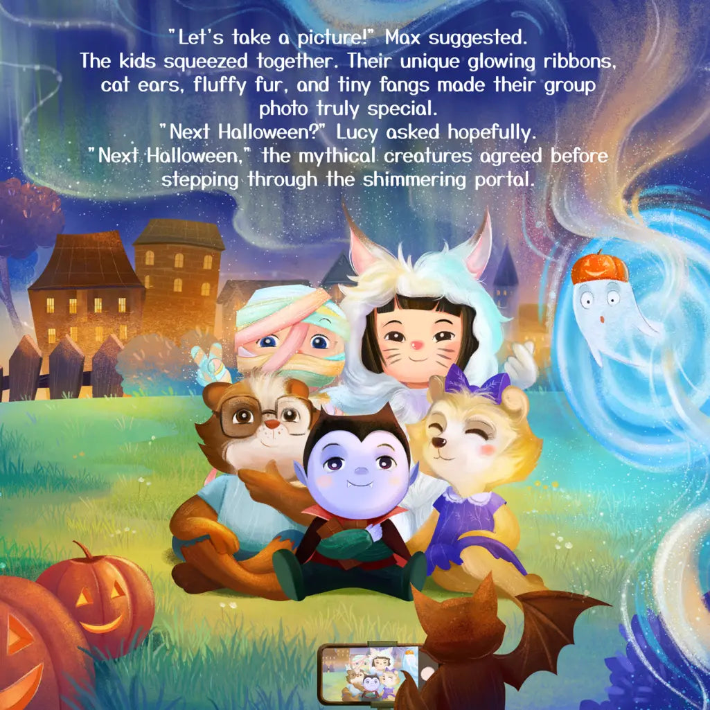 Cartoon characters with animal features in a Halloween-themed setting, including pumpkins and ghosts.
