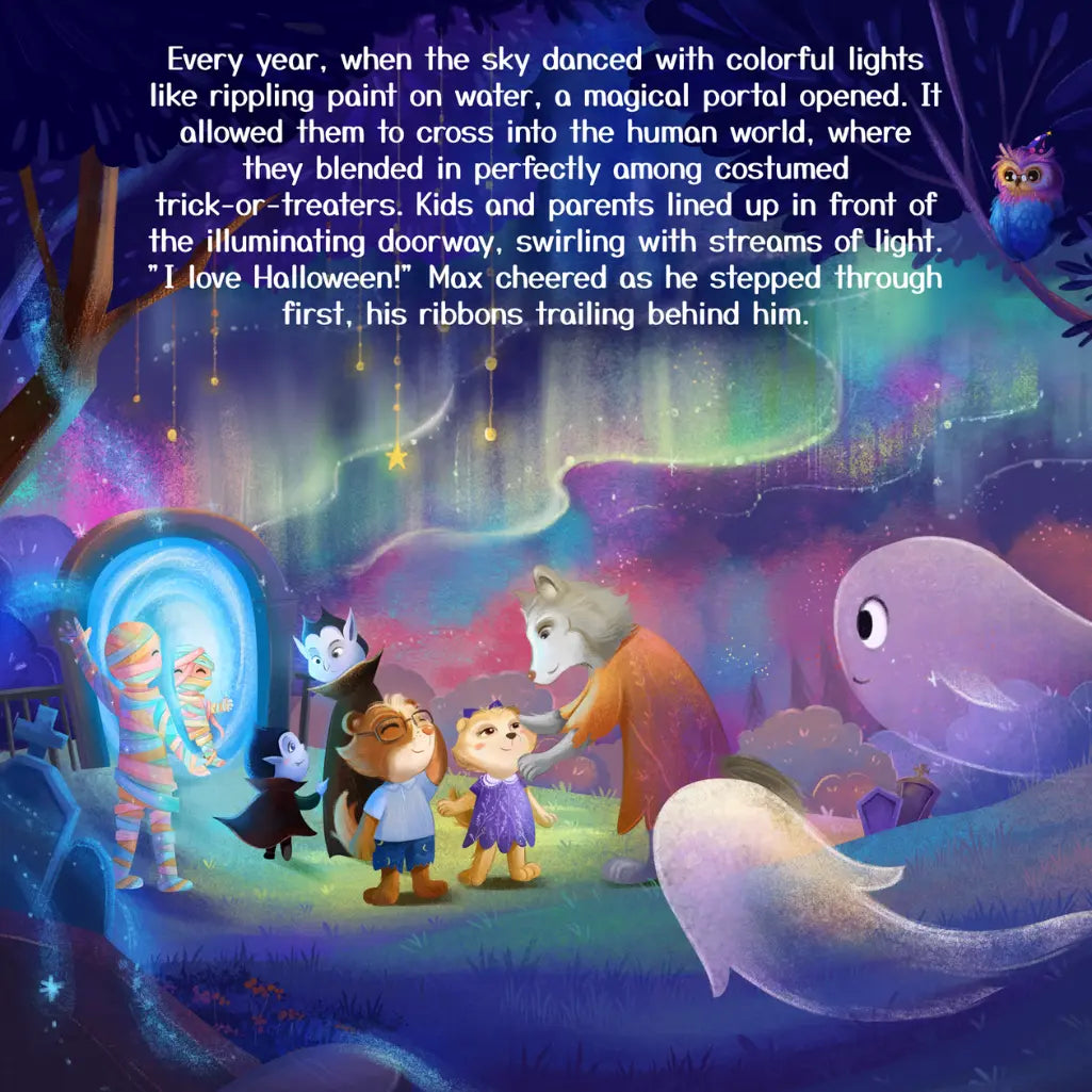 Illustration of a magical Halloween scene with animated characters and a glowing portal.