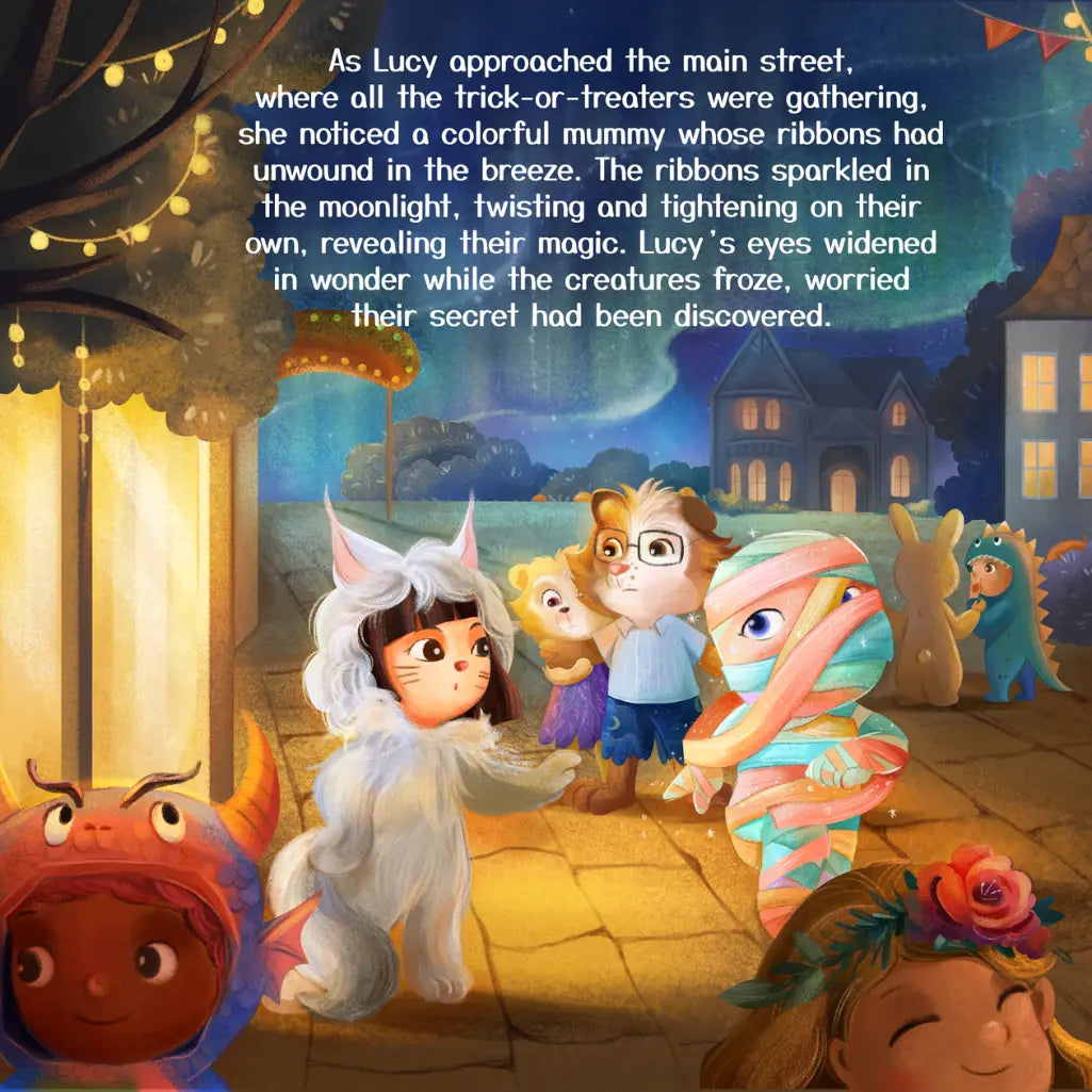 Illustration of children in Halloween costumes with a colorful mummy figure on a street at night.