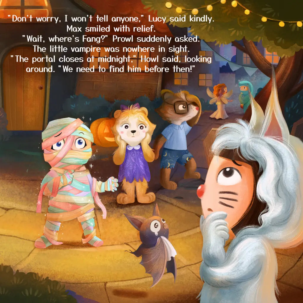 Illustrated scene with animated characters in costumes, including a mummy and vampire, with text overlay.