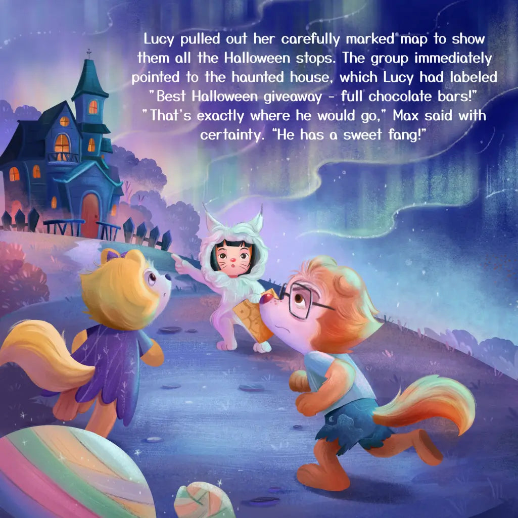 Cartoon characters in Halloween costumes with a haunted house in the background