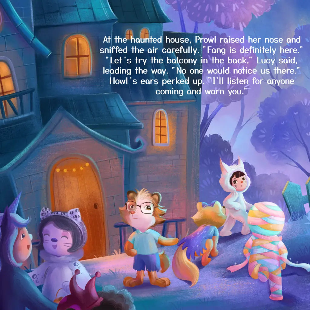 Illustration of children and animal characters in front of a haunted house with a ghostly figure.