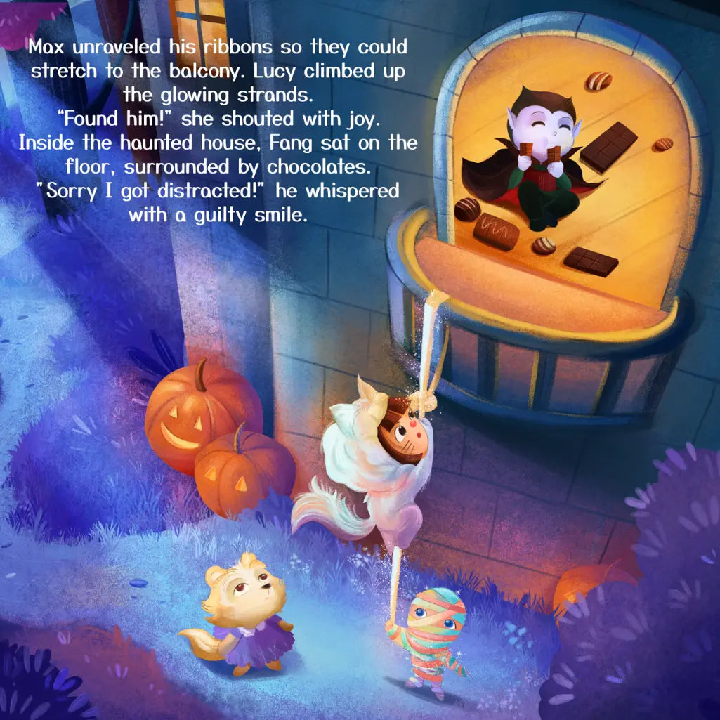 Illustration of a Halloween-themed scene with characters and text.