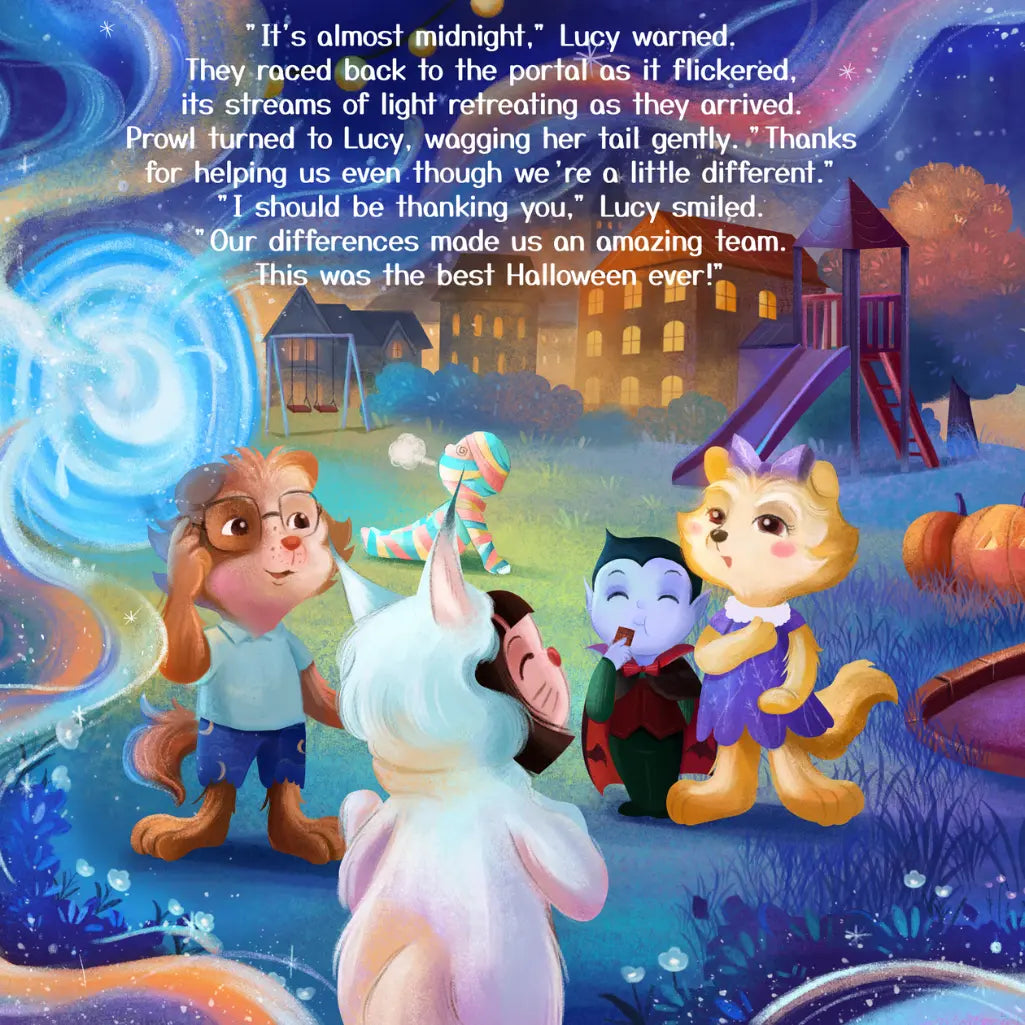 Illustrated scene with animated characters in a Halloween-themed setting with text overlay.