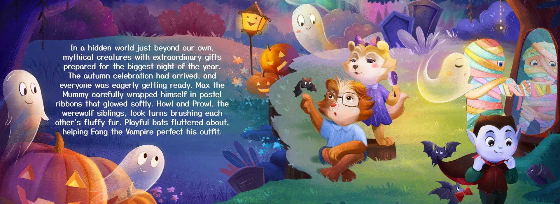 Children's book page with Halloween-themed illustrations of animals and text.