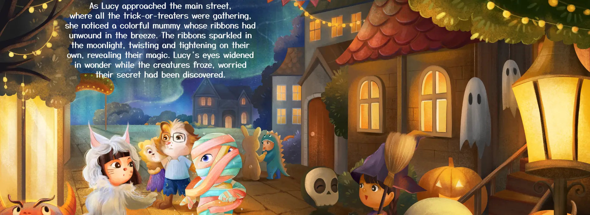 Illustration of children in costumes with a haunted house and ghostly figures in the background.