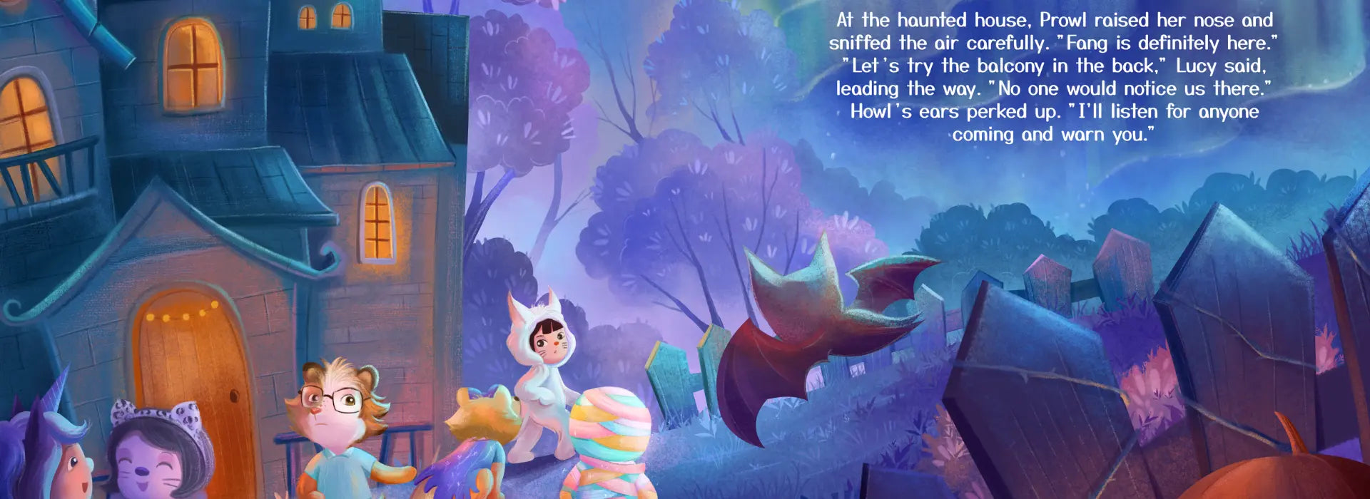 Illustration of a haunted house with characters and text in a fantasy setting
