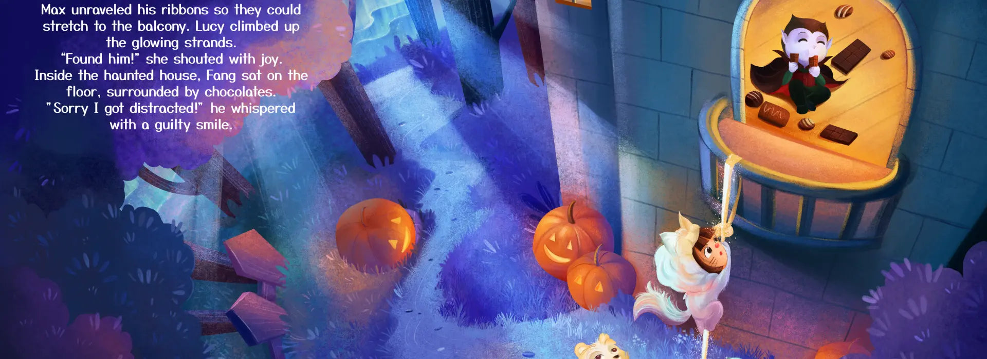 Animated scene with characters near pumpkins and a chocolate bar, with text overlay.