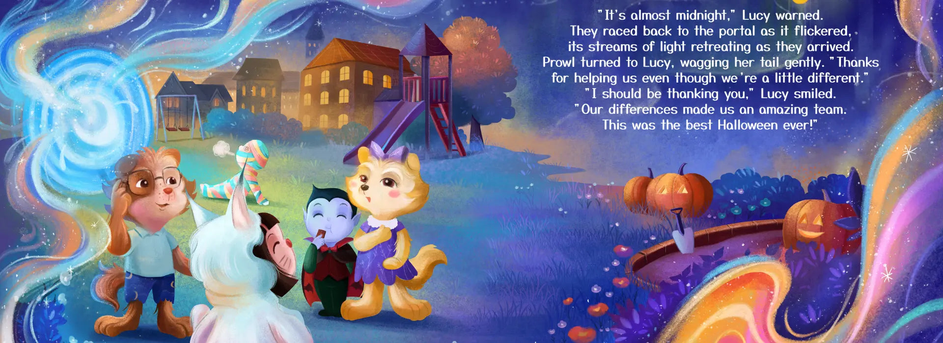 Cartoon characters in a magical village with colorful houses and a rainbow.