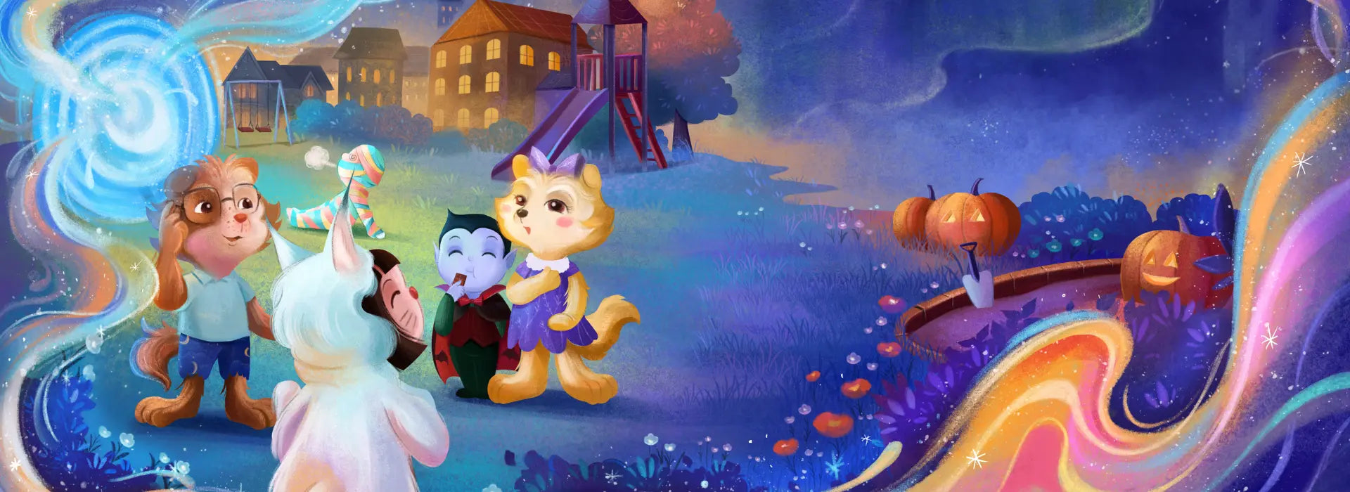 Cartoon characters in a Halloween-themed scene with pumpkins and a witch.