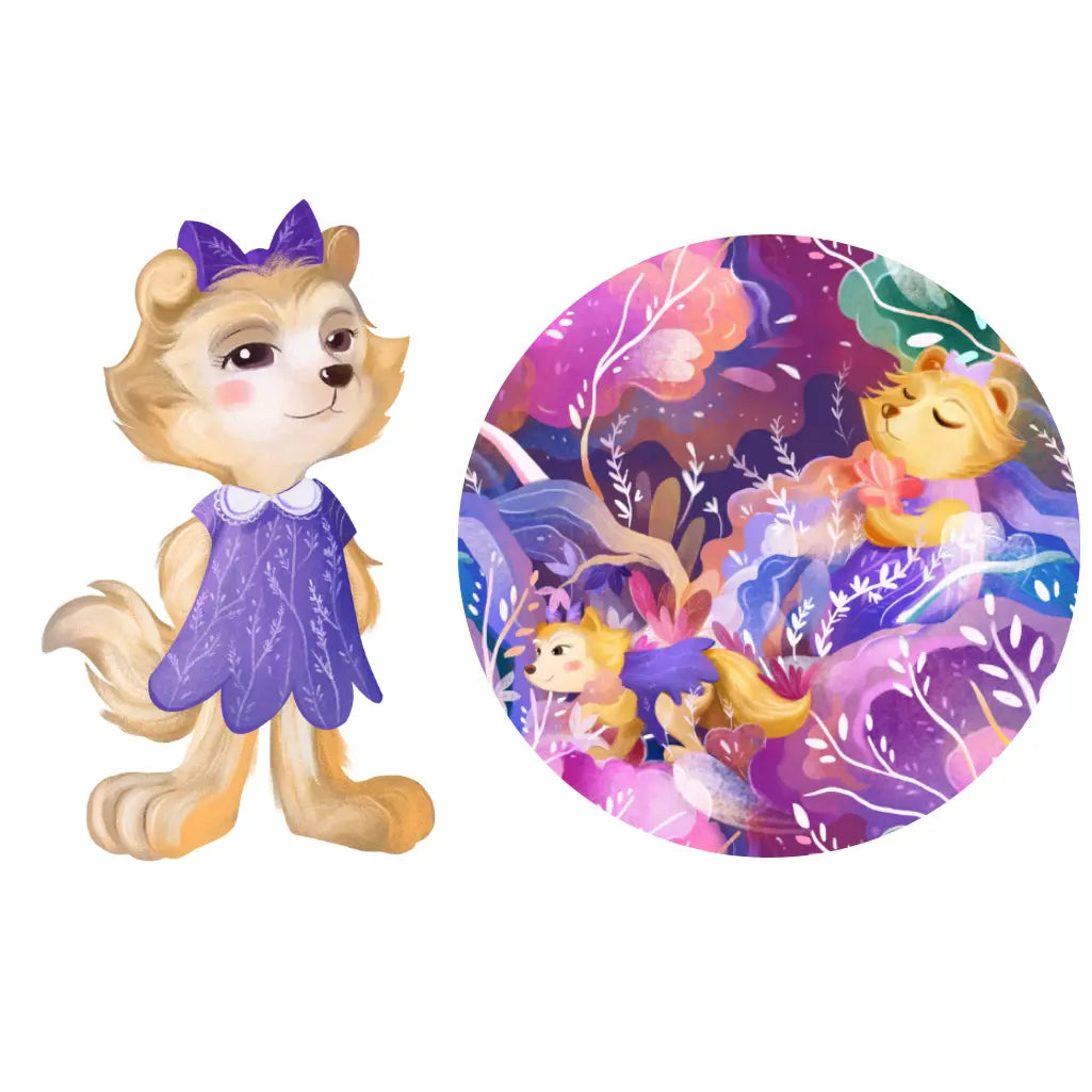 Toy figure of a fox-like creature in a purple dress with a circular inset showing a similar design.