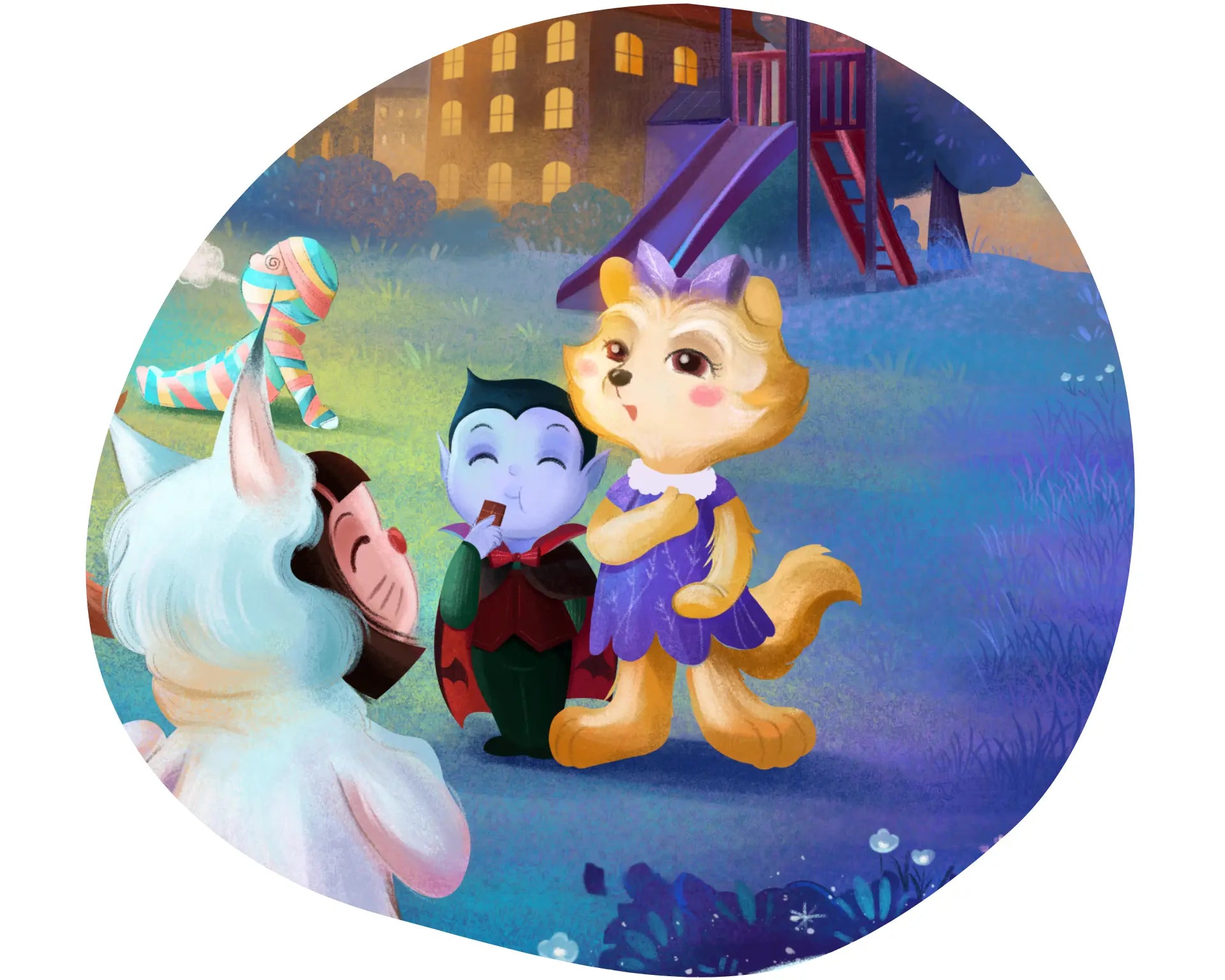Cartoon characters in a colorful outdoor scene with a house in the background
