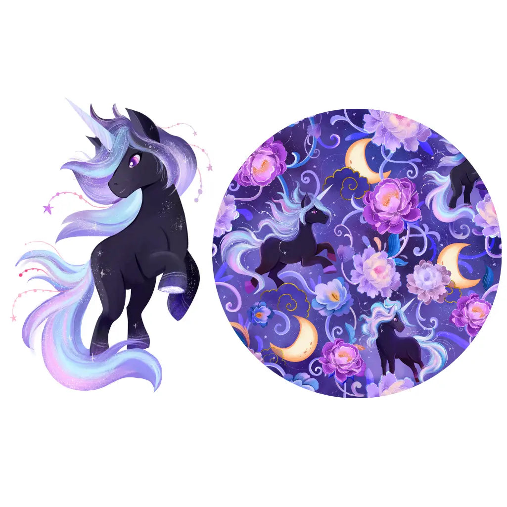Black unicorn with colorful mane and tail next to a circular pattern of unicorns, flowers, and moons.