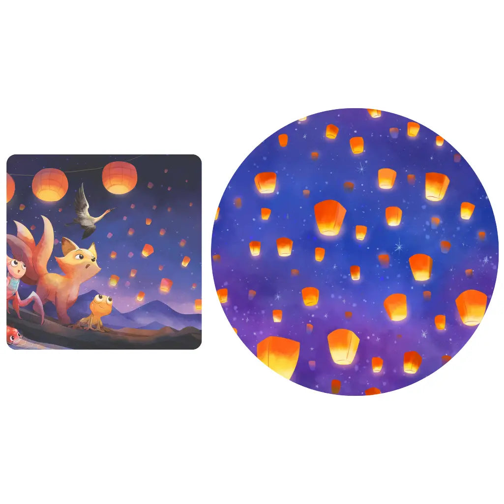 Set of coasters with fairy and cat design and circular coaster with sky lanterns pattern.