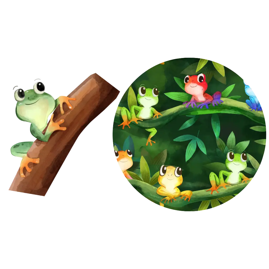Illustration of a green tree frog on a branch beside a round swatch of a leafy green print with frogs.