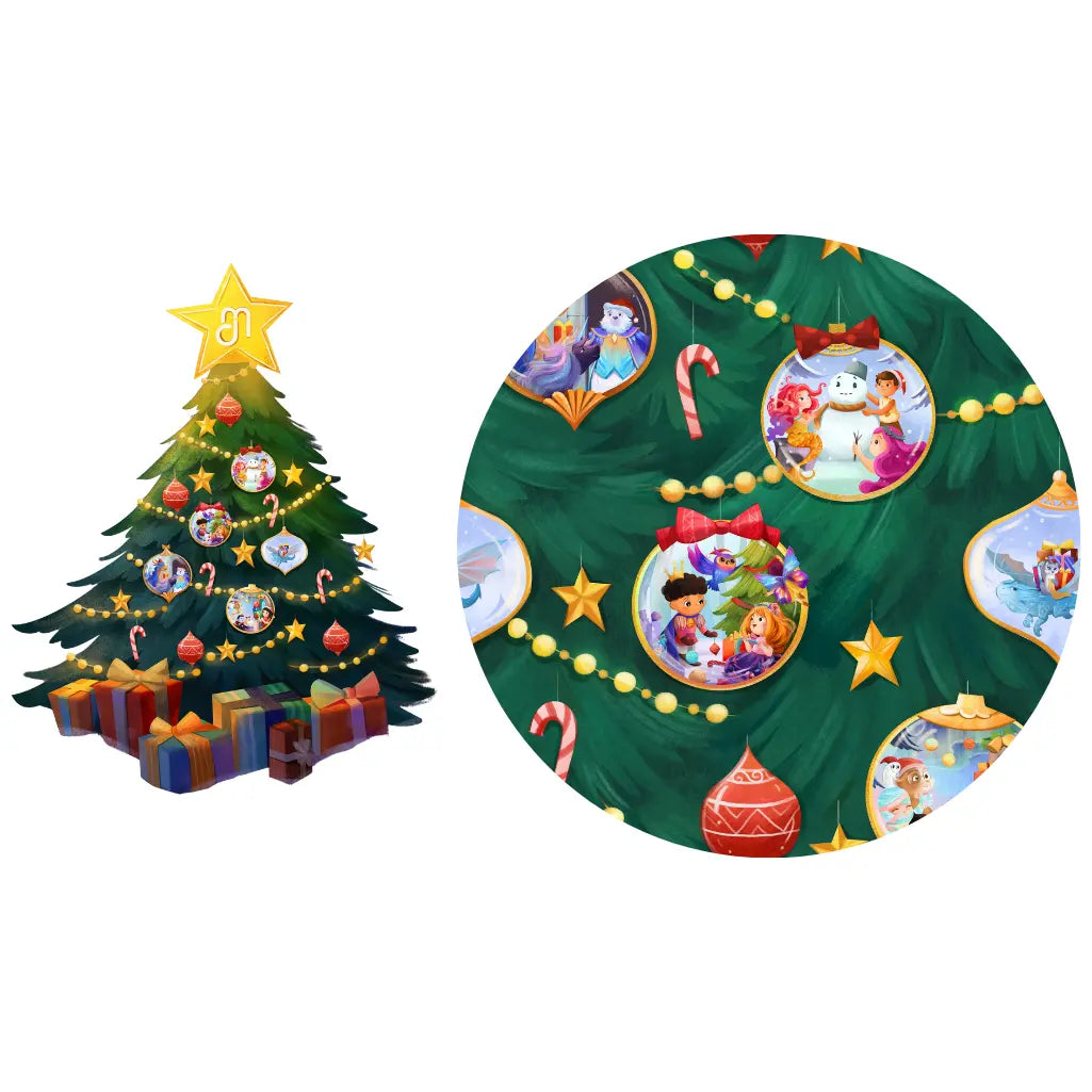 Decorative Christmas tree skirt with cartoon character ornaments on a white background