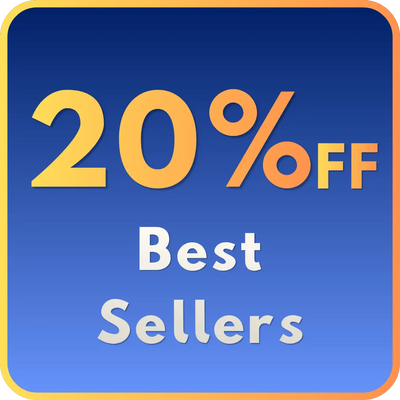 Badge reading 20% off Best Sellers in orange and white text on a blue background.